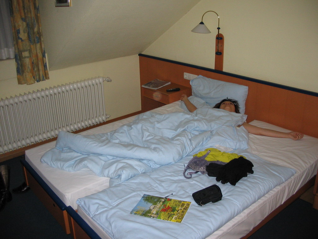 Miaomiao on the bed in our room at the Art Hotel Aachen