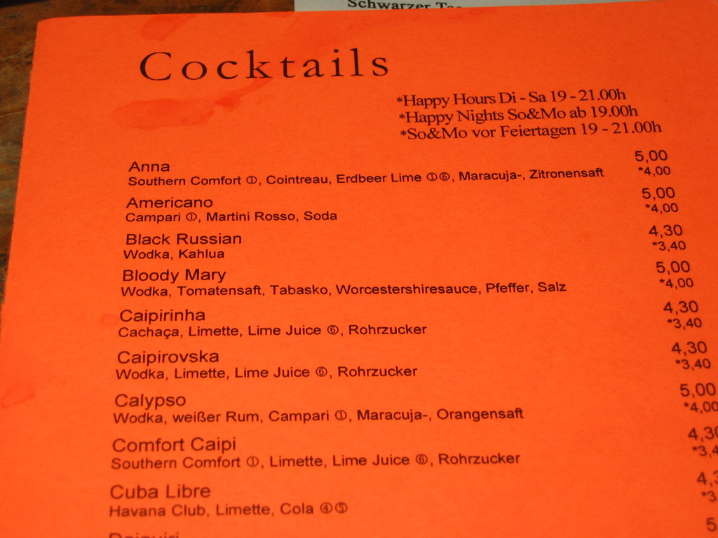 Cocktails on the menu at a bar in the city center