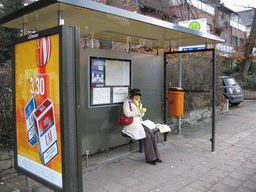 Miaomiao at the Buschhausen bus stop at the Kornelimünsterweg street