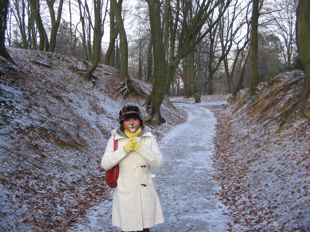 Miaomiao with face paint on the path to the Wilhelminatoren tower at Vaals