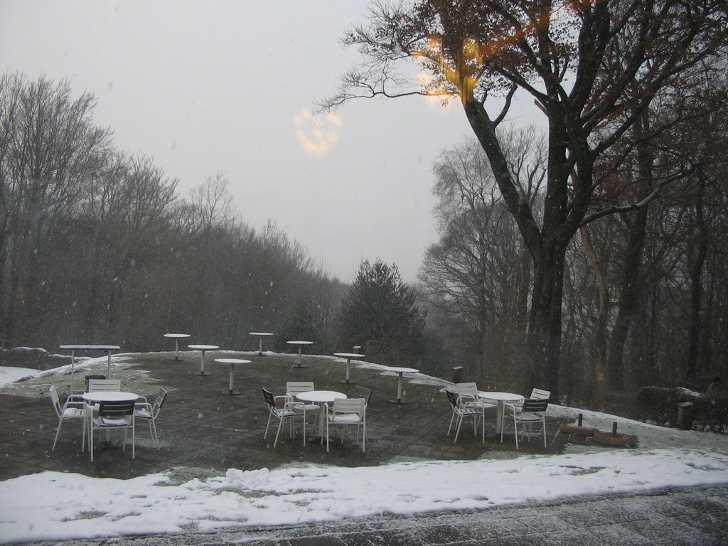 Snow at the terrace of the Wilhelminatoren tower at Vaals, viewed from the restaurant