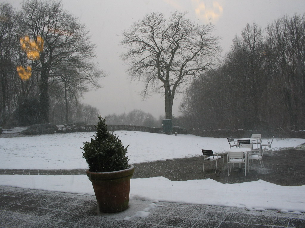Snow at the terrace of the Wilhelminatoren tower at Vaals, viewed from the restaurant