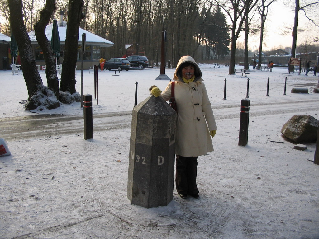 Miaomiao with face paint at the landmark at the border triangle at Vaals