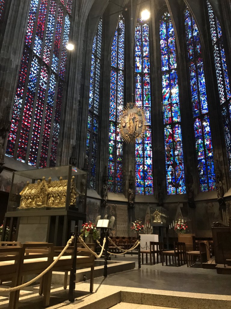 Apse with the shrine of Virgin Mary, the Eagle`s Stand, the Aureole Madonna and the shrine of Charlemagne at the Aachen Cathedral