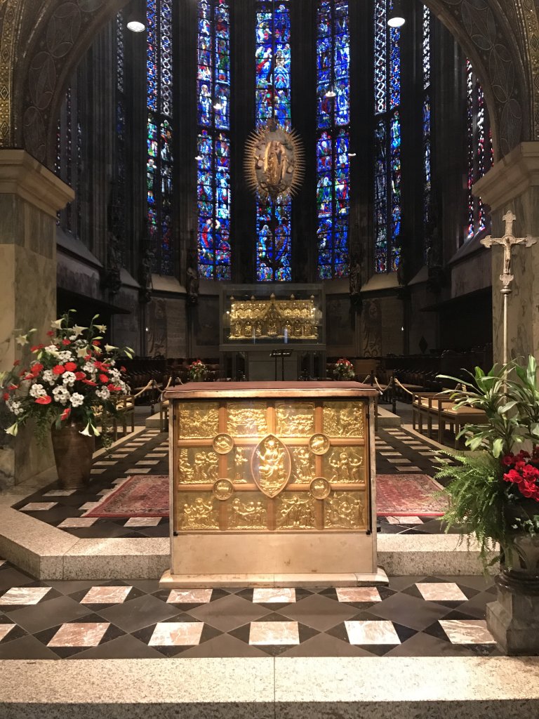 The main altar, the shrine of Virgin Mary and the Aureole Madonna at the Aachen Cathedral