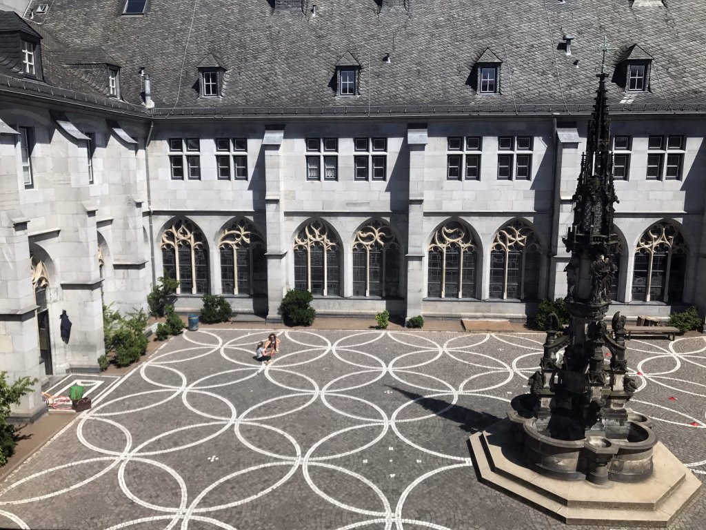 Inner Square with fountain of the Aachen Cathedral Treasury, viewed from the Upper Floor