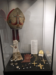 Mitre, glove and other items at the Upper Floor of the Aachen Cathedral Treasury, with explanation