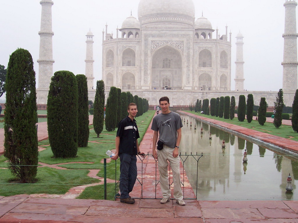 Tim and Rick in front of the Charbagh Garden with the reflecting pool and the Taj Mahal