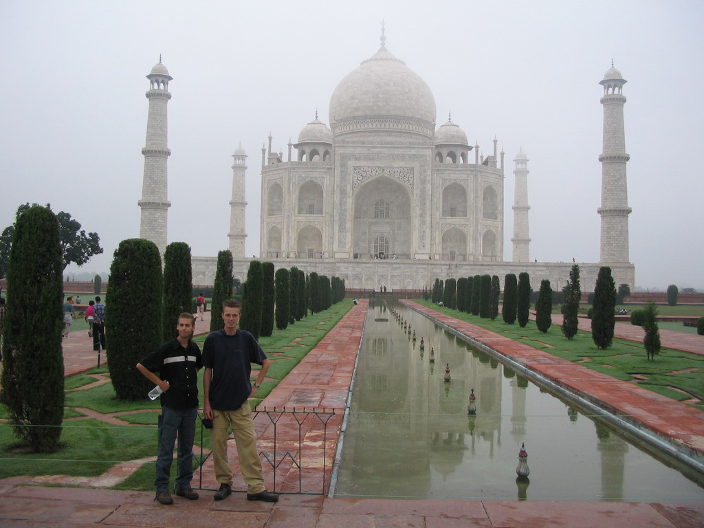 David and Rick in front of the Charbagh Garden with the reflecting pool and the Taj Mahal