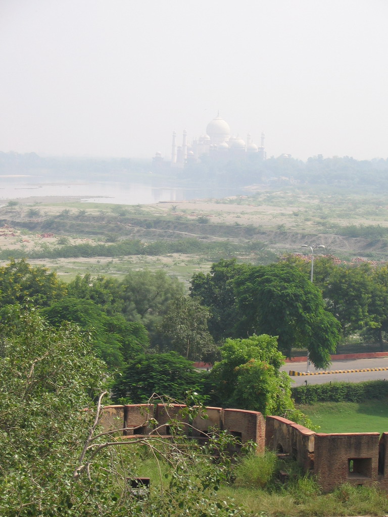 The Taj Mahal and the Yamuna river, viewed from the Agra Fort