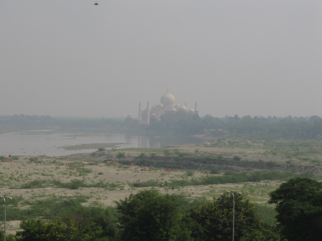 The Taj Mahal and the Yamuna river, viewed from the Agra Fort