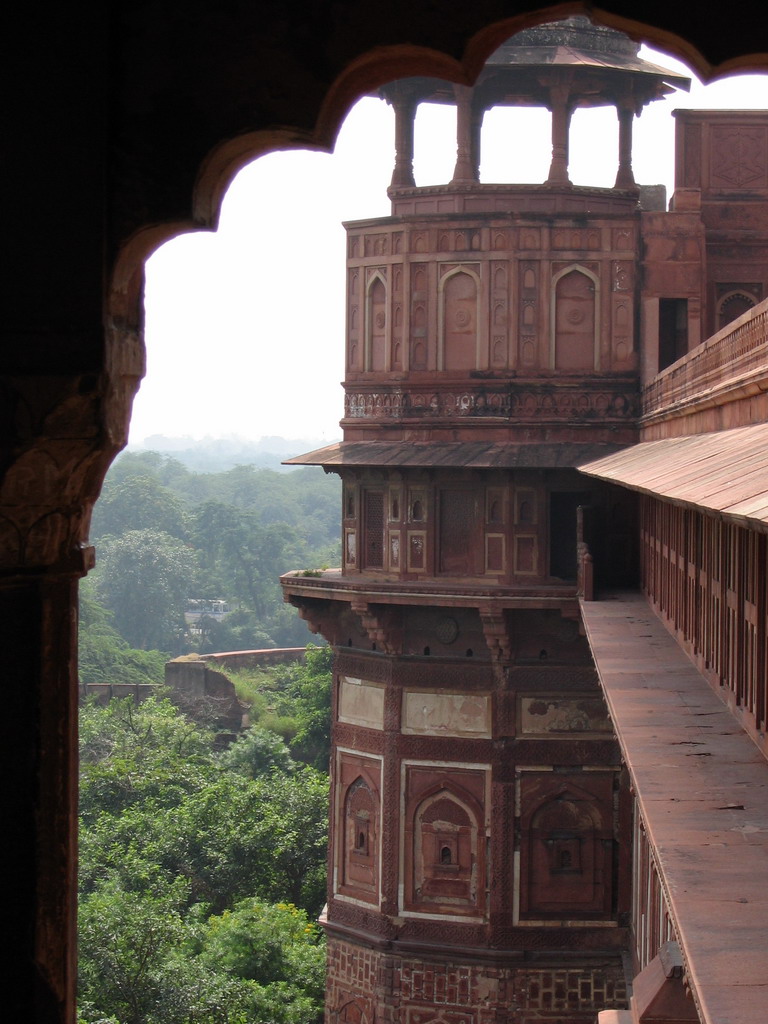 The Bengali Burj tower and walls at the Agra Fort, with a view on the Yamuna river