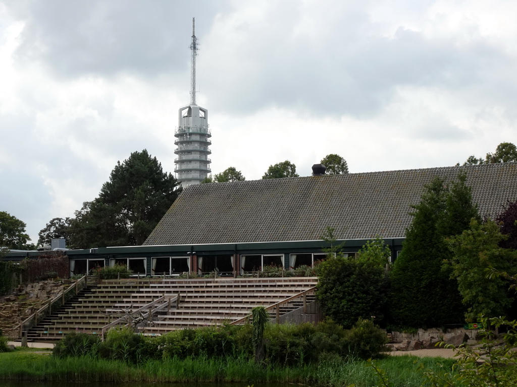 Grandstand for the bird shows and the Casa Havana restaurant at the Vogelpark Avifauna zoo, and the Alphense Zendmast tower