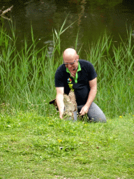 Zookeeper with a Burrowing Owl at the Vogelpark Avifauna zoo, during the bird show