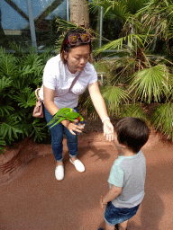 Miaomiao and Max with Rainbow Loris at the Lori Landing building at the Vogelpark Avifauna zoo