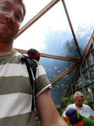 Tim with Rainbow Loris at the Lori Landing building at the Vogelpark Avifauna zoo