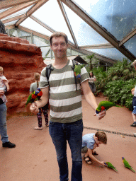 Tim with Rainbow Loris at the Lori Landing building at the Vogelpark Avifauna zoo