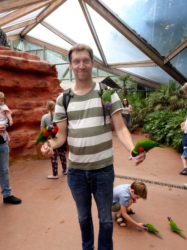 Tim with Rainbow Loris at the Lori Landing building at the Vogelpark Avifauna zoo