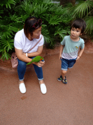 Miaomiao and Max with a Rainbow Lori at the Lori Landing building at the Vogelpark Avifauna zoo