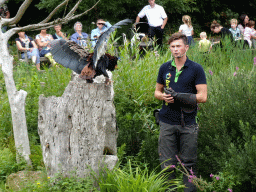 Zookeeper and Steller`s Sea Eagle at the Vogelpark Avifauna zoo, during the bird show
