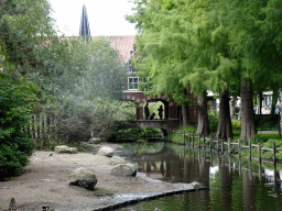 Pond and the back side of the replica of the Sneeker Waterpoort gate at the Vogelpark Avifauna zoo