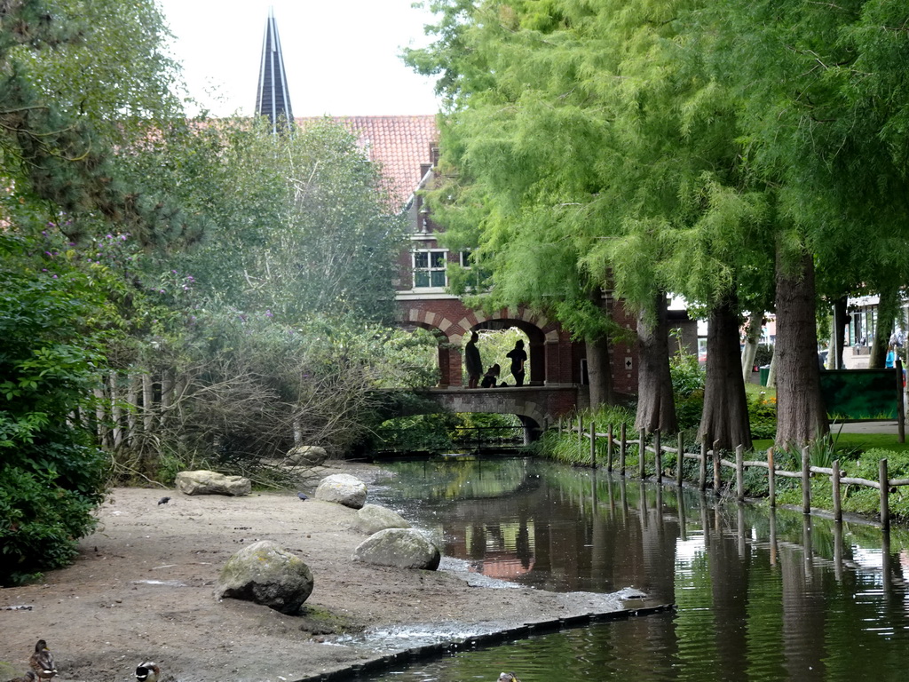Pond and the back side of the replica of the Sneeker Waterpoort gate at the Vogelpark Avifauna zoo