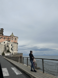 The Corso Vittorio Emanuele street and the Collegiate Santa Maria Maddalena church at Atrani, viewed from the rental car