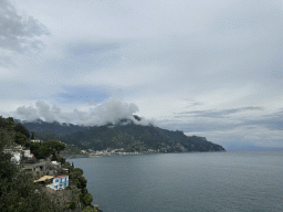 Houses at Ravello, the town of Maiori and the Tyrrhenian Sea, viewed from the rental car on the Amalfi Drive