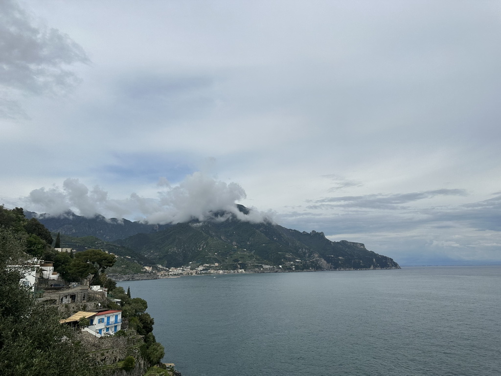 Houses at Ravello, the town of Maiori and the Tyrrhenian Sea, viewed from the rental car on the Amalfi Drive