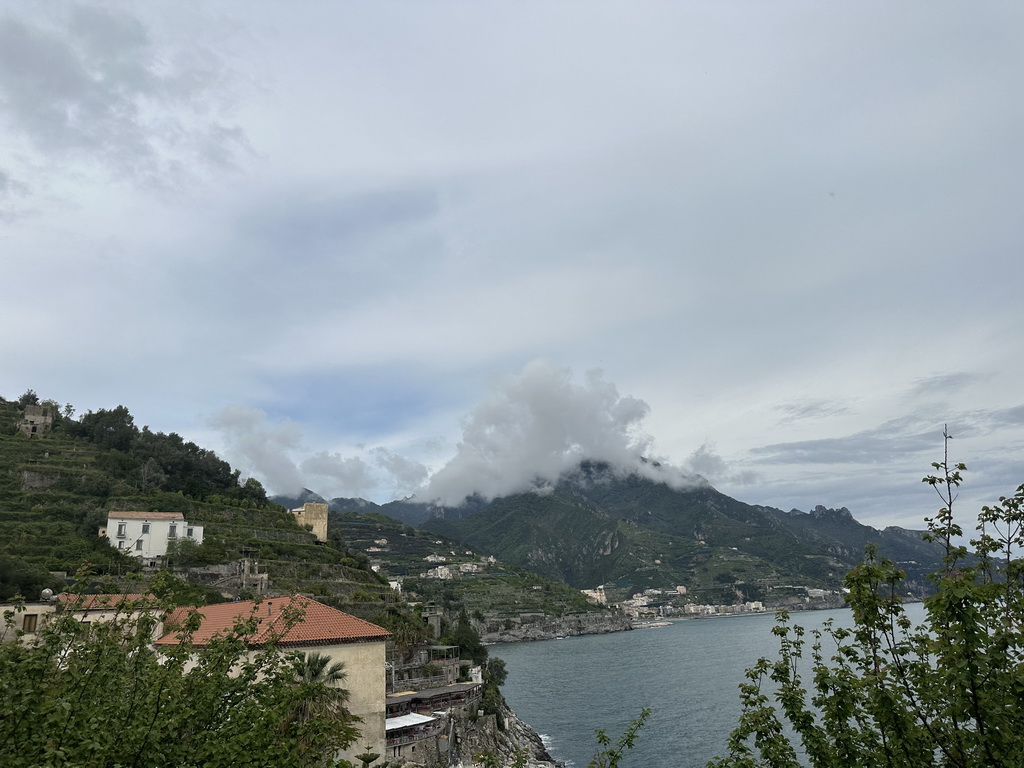 Houses at Ravello, the town of Maiori and the Tyrrhenian Sea, viewed from the rental car on the Amalfi Drive