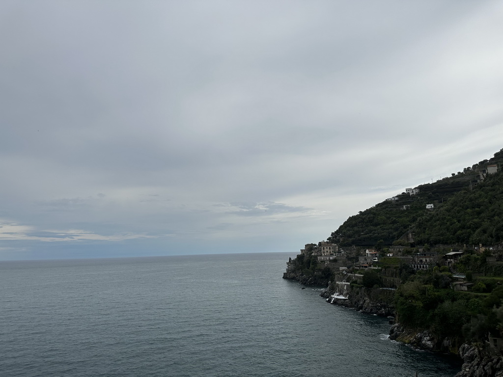 Houses at Ravello and the Tyrrhenian Sea, viewed from the rental car on the Amalfi Drive