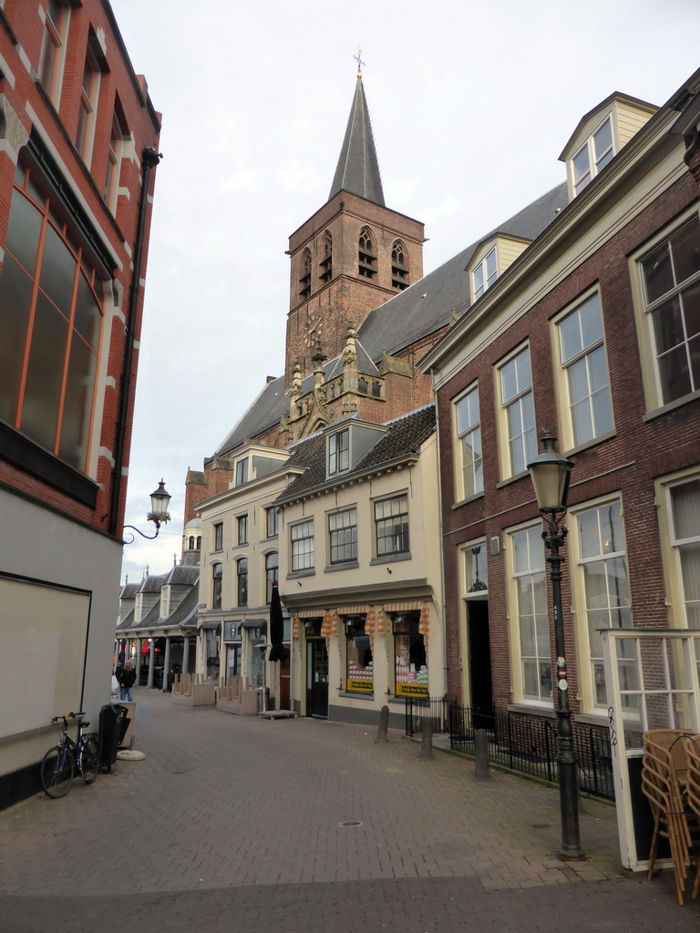 The Zevenhuizen street with the tower of the Sint-Joriskerk church, viewed from the Langestraat street