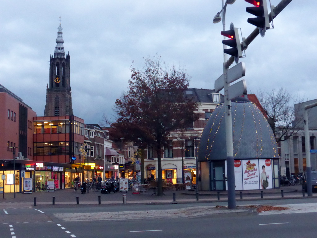 The Utrechtsestraat street and the Onze Lieve Vrouwetoren tower, viewed from the Stadsring street, at sunset