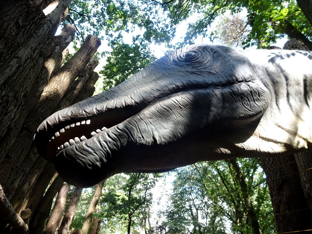 Dinosaur statue at the entrance to the walking route at the DinoPark at the DierenPark Amersfoort zoo