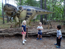 Max with Iguanodon and Deinonychus statues at the DinoPark at the DierenPark Amersfoort zoo