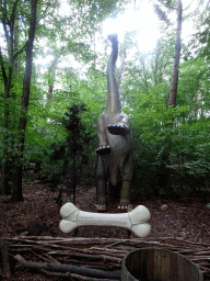 Apatosaurus statue at the DinoPark at the DierenPark Amersfoort zoo, with explanation