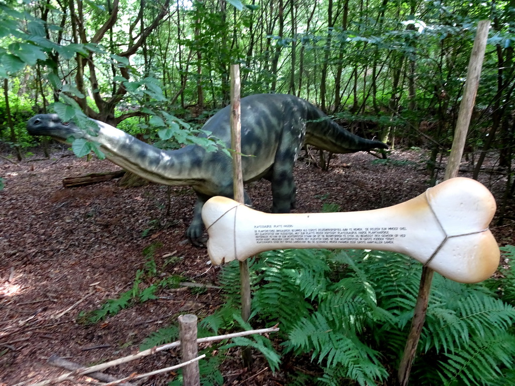 Plateosaurus statue at the DinoPark at the DierenPark Amersfoort zoo, with explanation