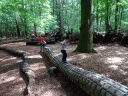 Max on a Crocodile statue at the DinoPark at the DierenPark Amersfoort zoo