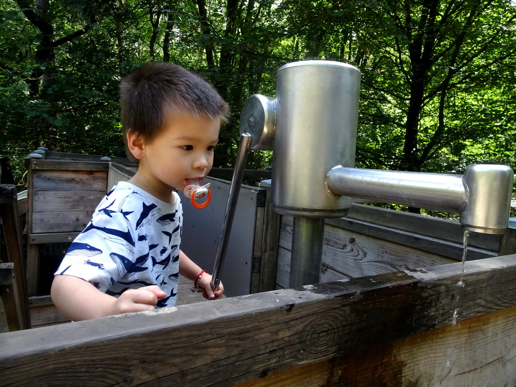 Max with a water pump at a playground at the DinoPark at the DierenPark Amersfoort zoo