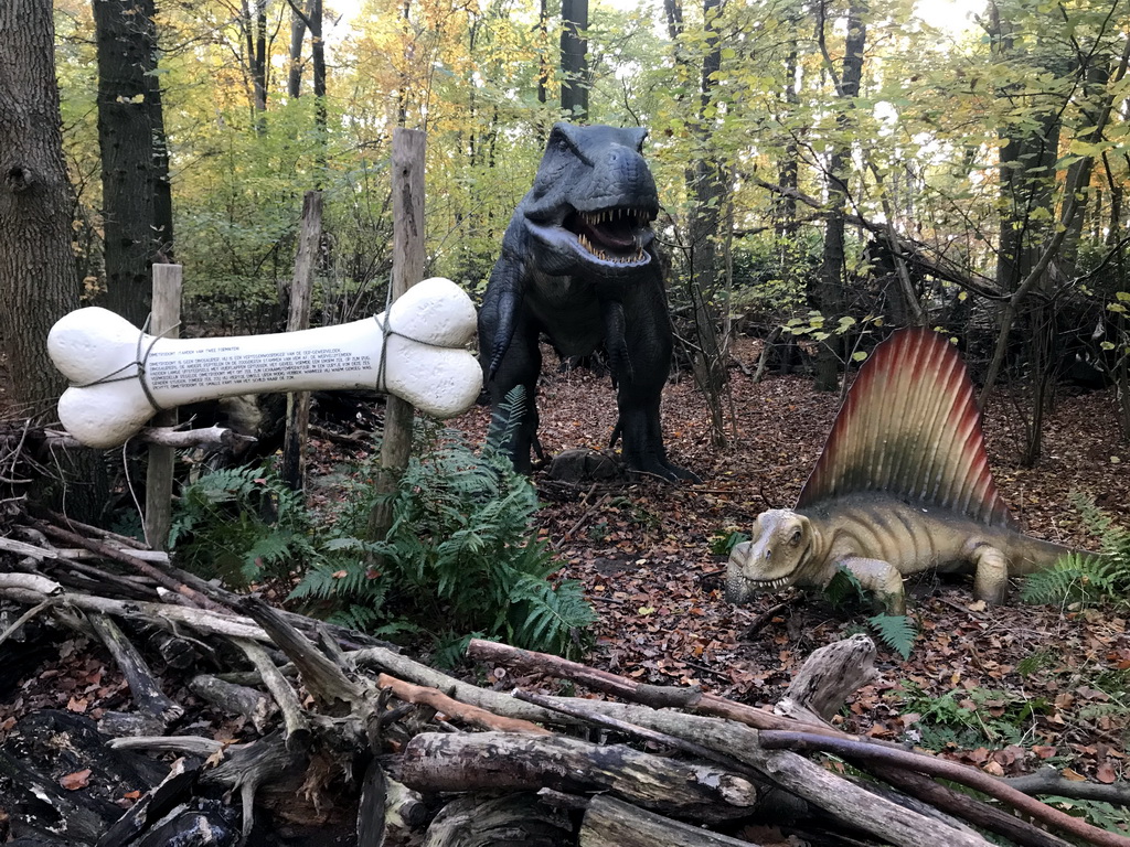 Tyrannosaurus Rex and Dimetrodon statues at the DinoPark at the DierenPark Amersfoort zoo, with explanation