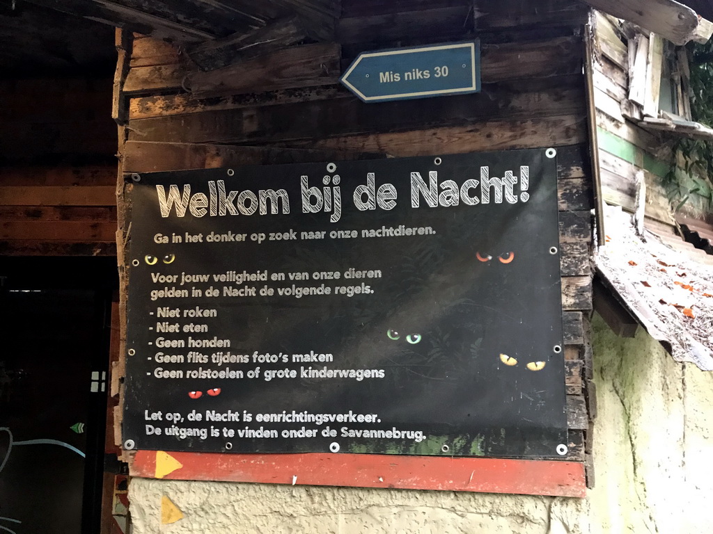 Sign at the entrance to the De Nacht building at the DierenPark Amersfoort zoo