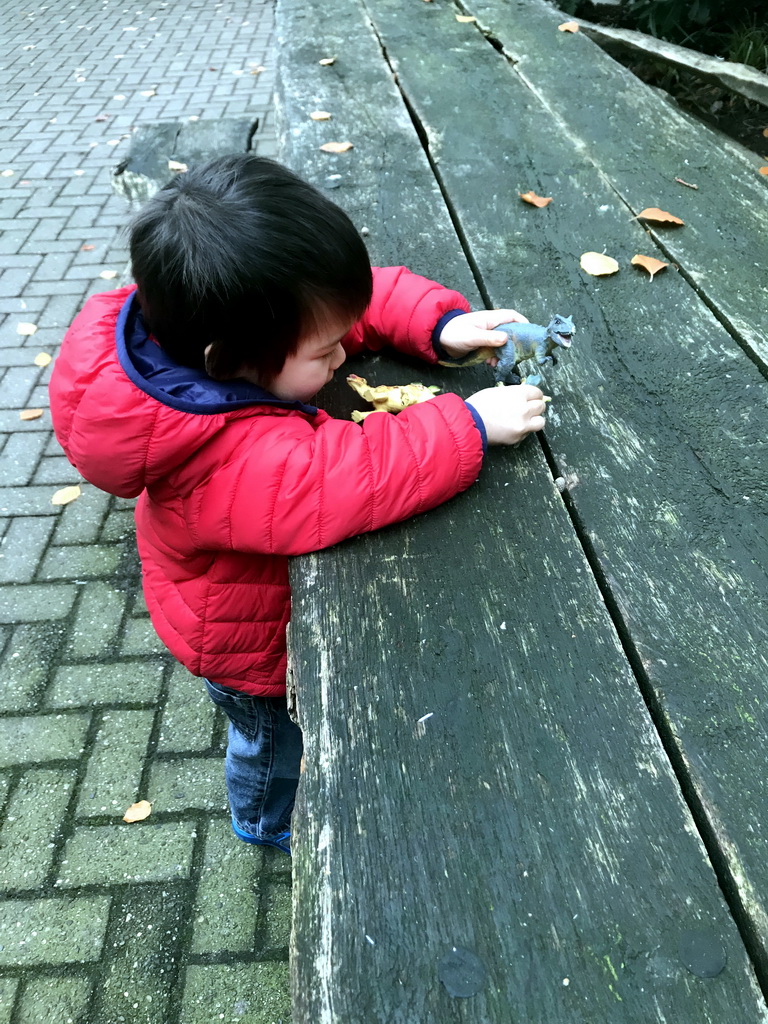 Max playing with dinosaur toys at the DierenPark Amersfoort zoo
