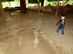 Max with a Dinosaur skeleton at an excavation site at the DinoPark at the DierenPark Amersfoort zoo