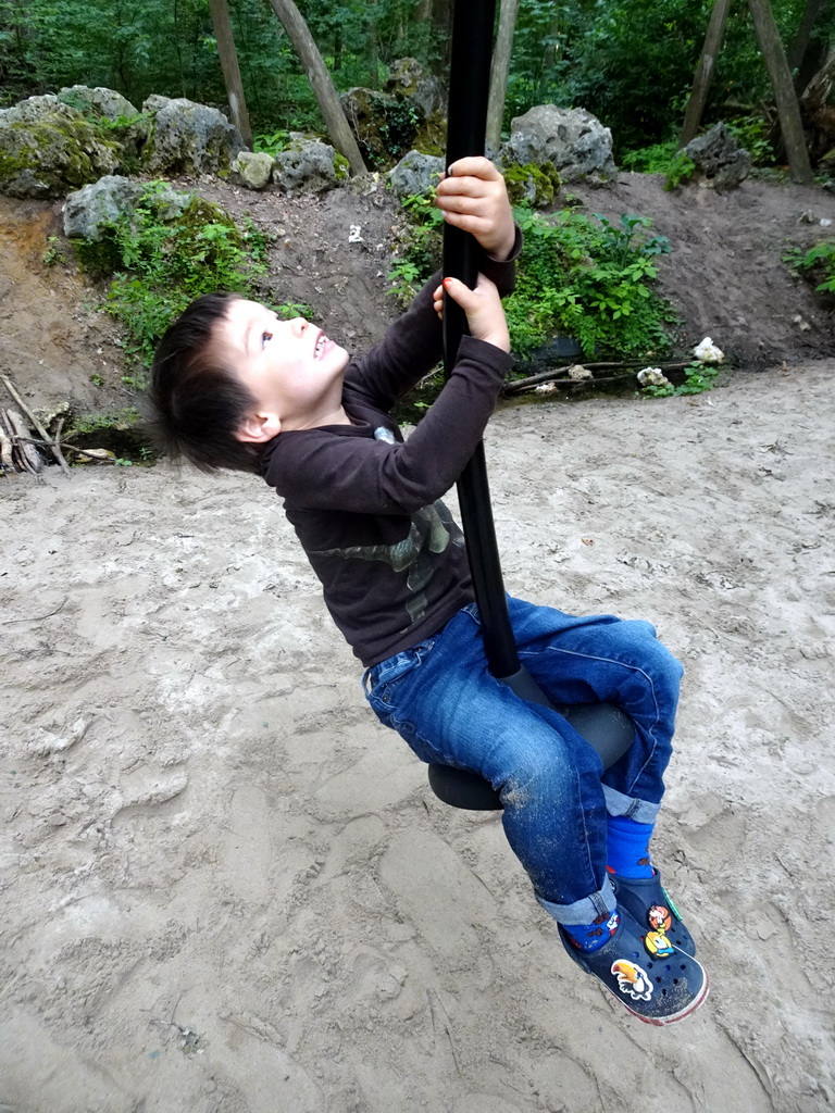 Max on the `Pterovlucht` zip line at the DinoPark at the DierenPark Amersfoort zoo