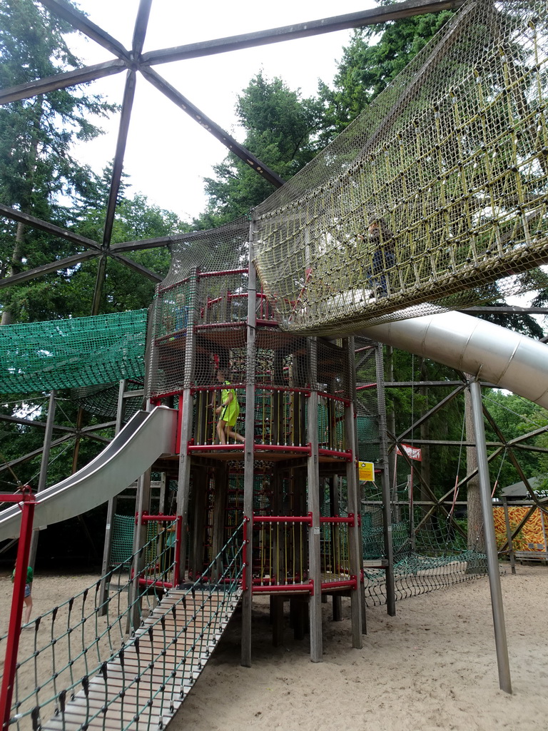 Max on a rope bridge at the playground near the Restaurant Buitenplaats at the DierenPark Amersfoort zoo