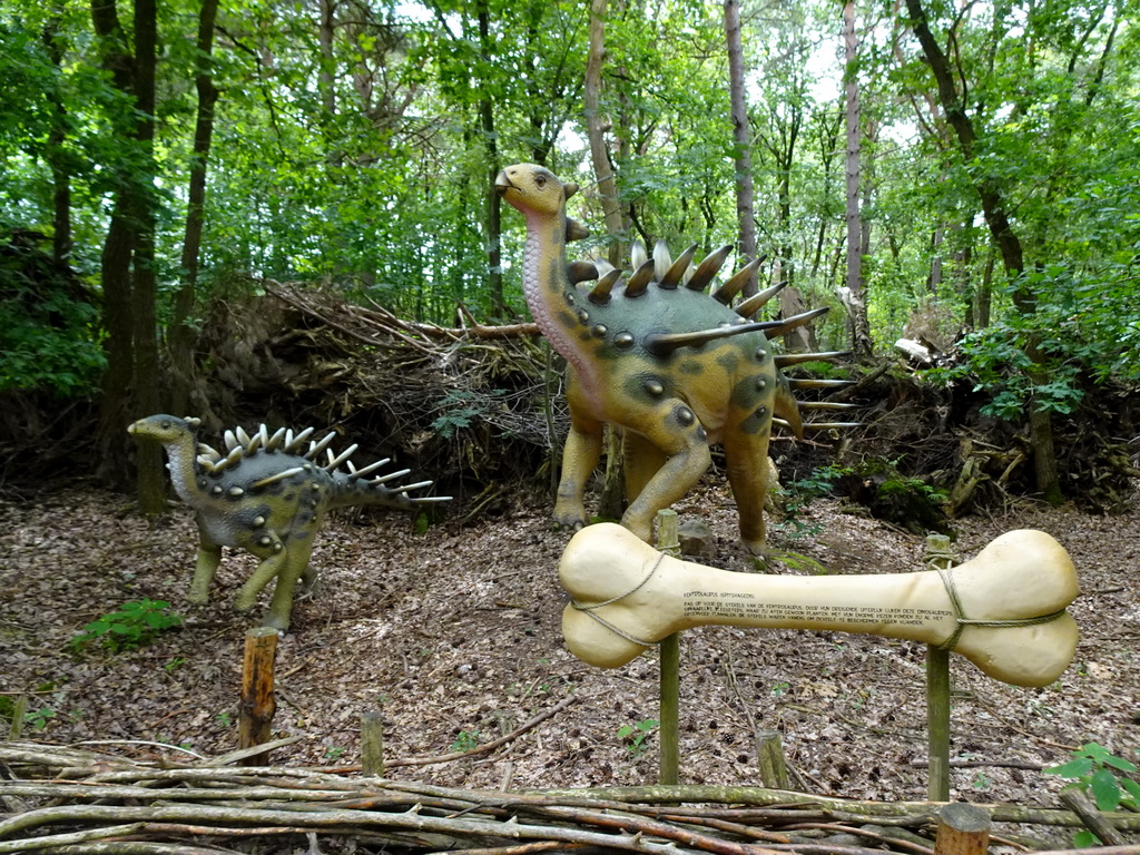 Kentrosaurus statues at the DinoPark at the DierenPark Amersfoort zoo, with explanation