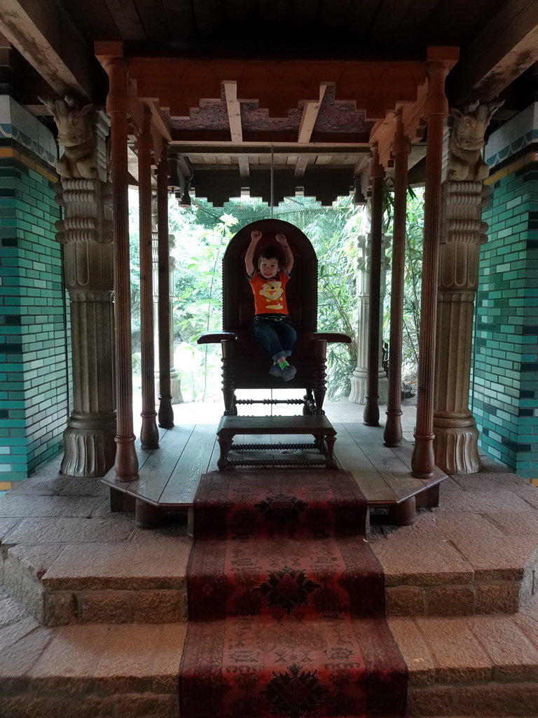 Max on the throne at the Palace of King Darius at the City of Antiquity at the DierenPark Amersfoort zoo