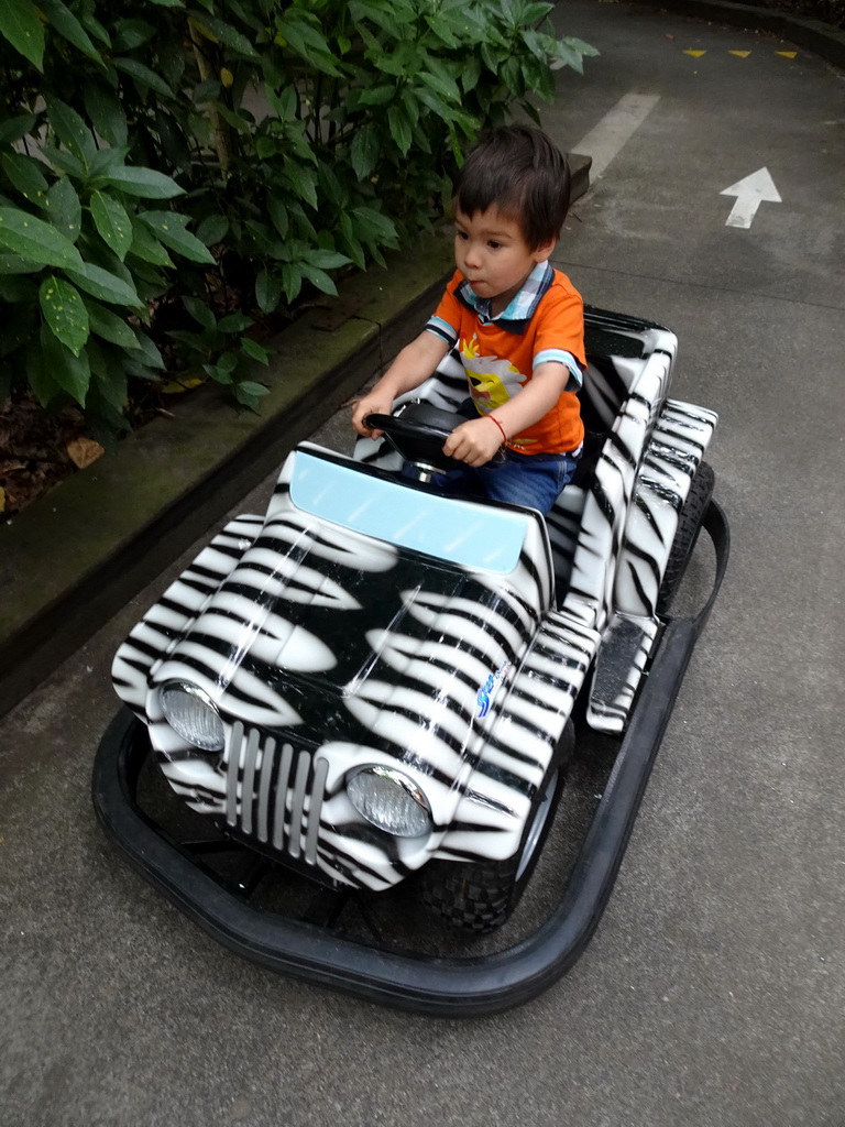 Max in a bumper car at the Pretplein square at the DierenPark Amersfoort zoo