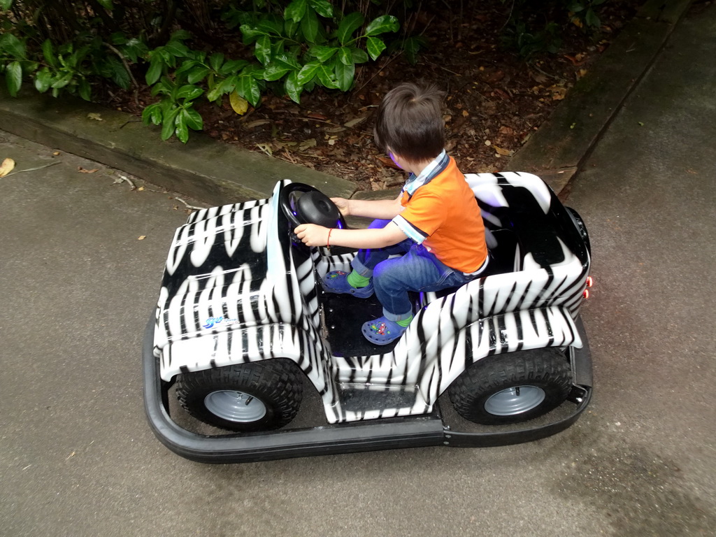 Max in a bumper car at the Pretplein square at the DierenPark Amersfoort zoo