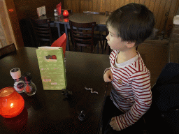 Max playing with toy animals at the Restaurant de Boerderij at the DierenPark Amersfoort zoo